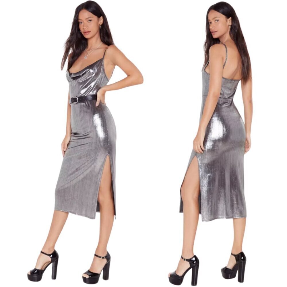 Nasty Gal Sheen There Done That Cowl Neck Midi Dress Women 8 Silver Metallic NWT